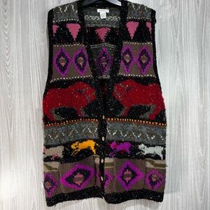 Vintage Susan D‎ Wool Sweater Vest Colorful Animal Geometric Print Indie Sz L